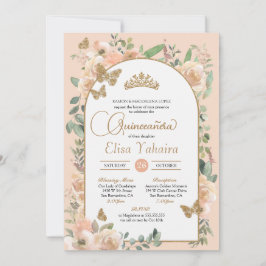 Peach Blommigt Guld Butterfly Watercolor Quinceañe Inbjudningar
