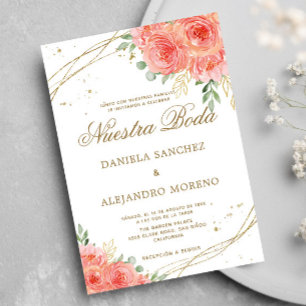 Peach Blommigt Guld Nuestra Boda Bröllop Spanien Inbjudningar