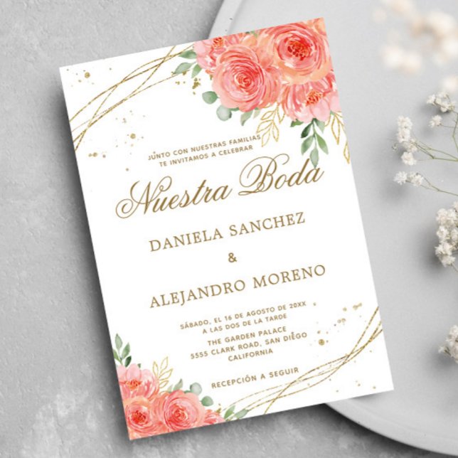 Peach Blommigt Guld Nuestra Boda Bröllop Spanien Inbjudningar (Skapare uppladdad)