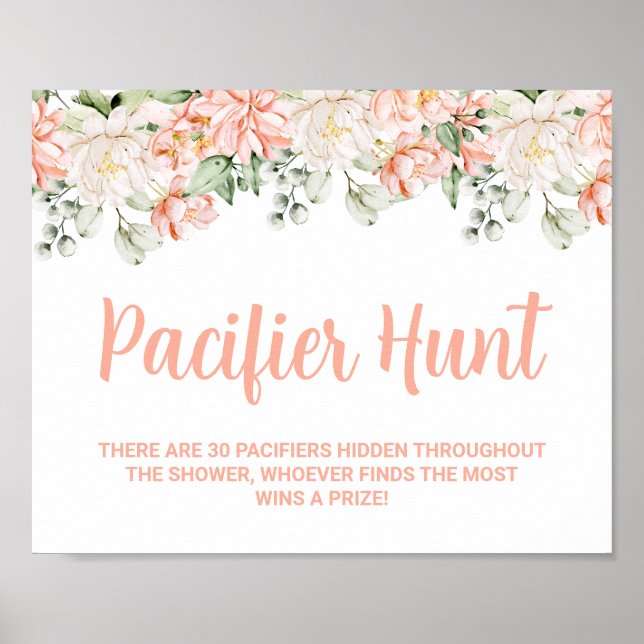 Peach Blommigt Nappar Hunt Baby Shower Game Sign Poster (Framsidan)