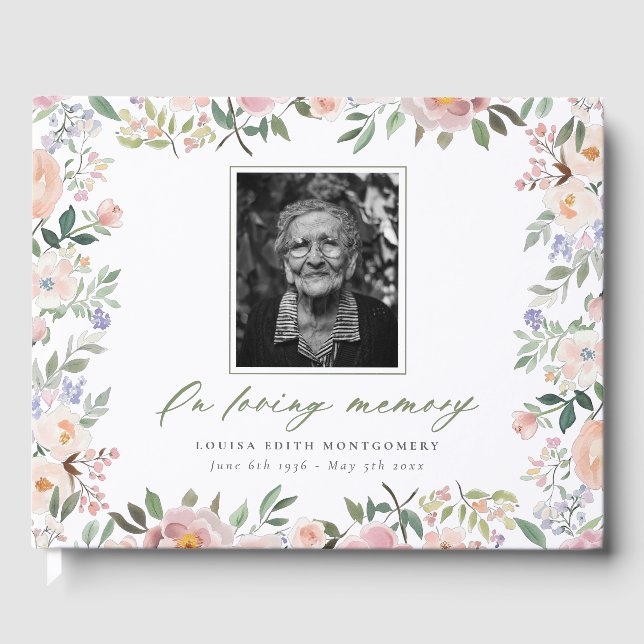 Peach Blommigt Photo Memorial Guest Bok (Framsida)