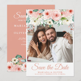 Peach Blommigt Photo Save Date Card Inbjudningar