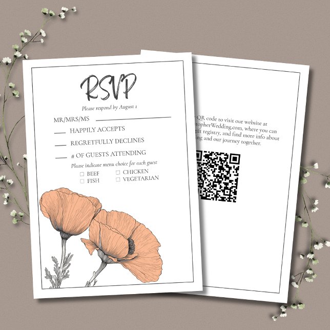 Peach Blommigt Poppies Bröllop i modern Elegant OSA Kort (Peach Wedding RSVP Card with Poppies, Guest Response, Meal Selections, and Modern Typography.)