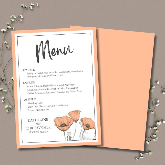 Peach Blommigt Poppies Elegant bröllop Meny (Elegant Peach Poppies Wedding Menu with choice of Entrees and Dessert.)
