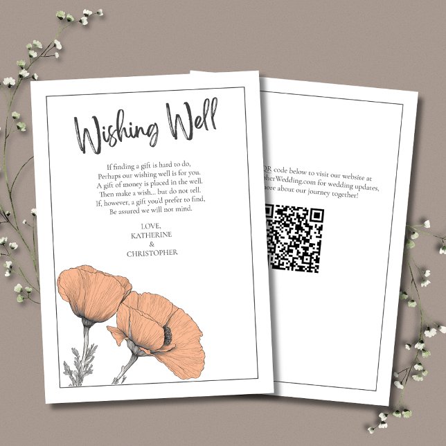 Peach Blommigt Poppies Elegant bröllop Wishing-bru Tilläggskort (Peach Poppies Wishing Well In Lieu of Gifts Enclosure Card with QR Code for Wedding Website.)