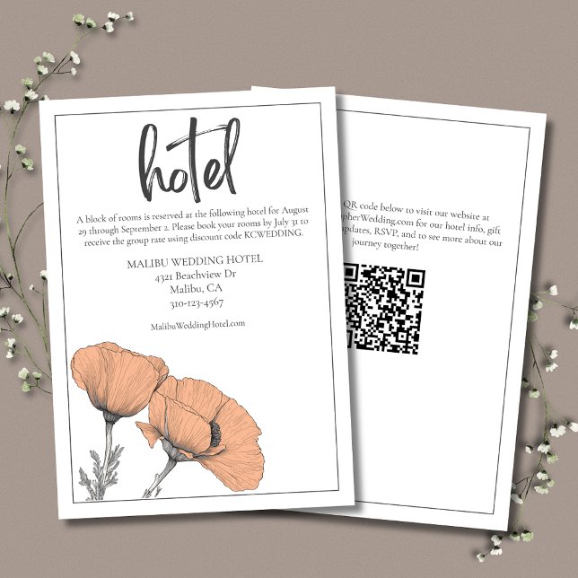 Peach Blommigt Poppies Modern Elegant bröllop Hote Tilläggskort (Peach Poppies Wedding Hotel Enclosure Card goes with Peach Poppies Elegant Wedding Invitation Suite.)