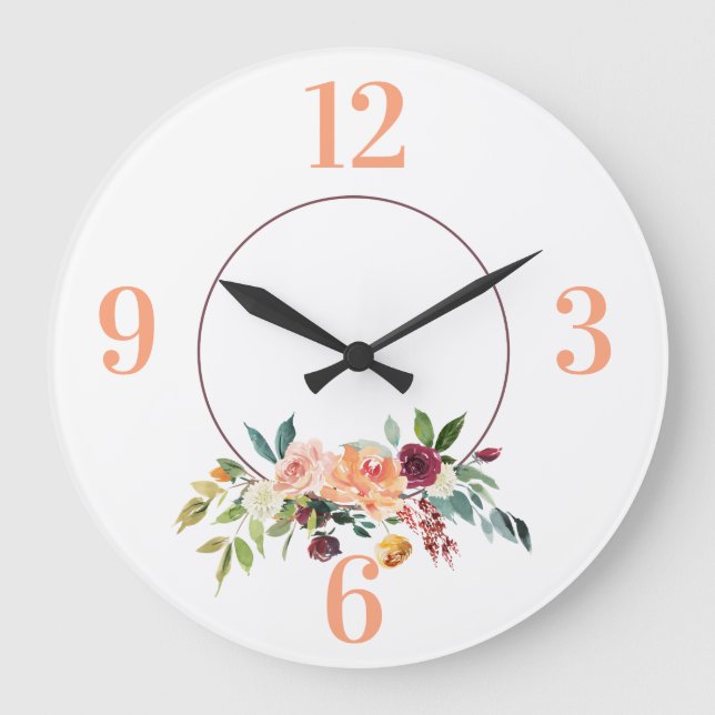 Peach Blommigt Ram Acrylic Wall Clock Stor Klocka (Framsida)