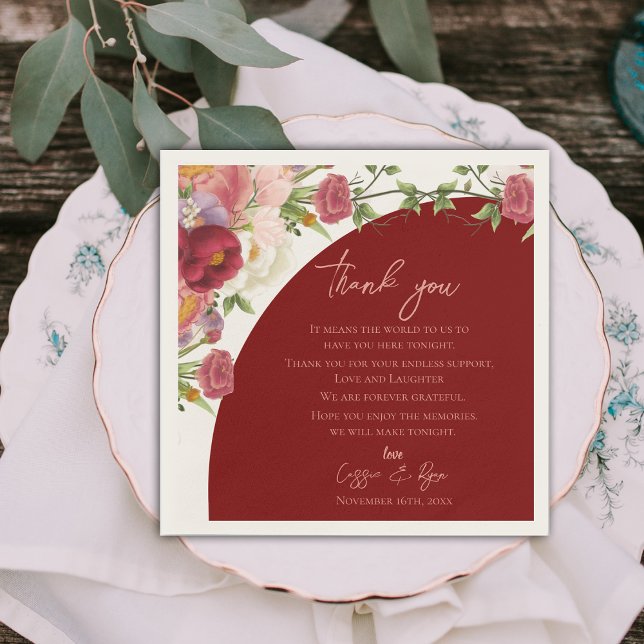Peach Blommigt Red Arch Bröllop - tackmeddelande Pappersservett (Peach Floral Red Arch Wedding Thank you Message Napkins)