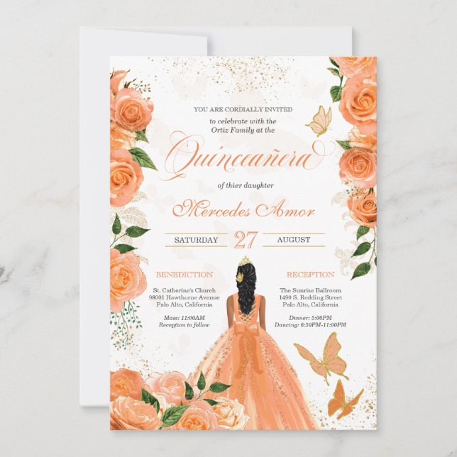 Peach Blommigt Ro Butterfly Quinceanera-inbjudan Inbjudningar (Framsida)
