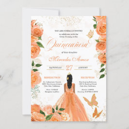Peach Blommigt Ro Butterfly Quinceanera-inbjudan Inbjudningar