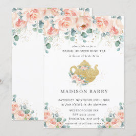 Peach Blommigt Ro Greenery Möhippa Tea Party Inbjudningar