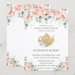 Peach Blommigt Ro Greenery Möhippa Tea Party Inbjudningar