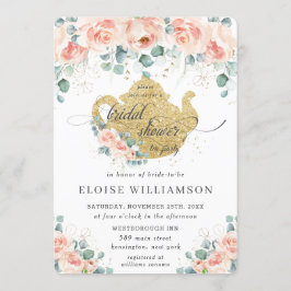Peach Blommigt Ro Greenery Möhippa Tea Party Inbjudningar