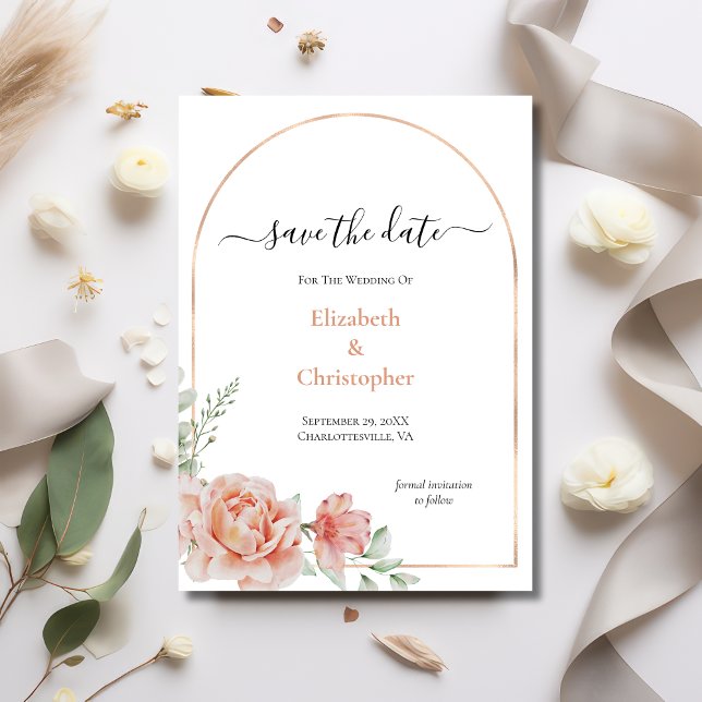Peach Blommigt Ro Guld Arch Bröllop spara datum Inbjudningar (Peach Floral Elegant Watercolor Rose Gold Arch Wedding Save the Date card)