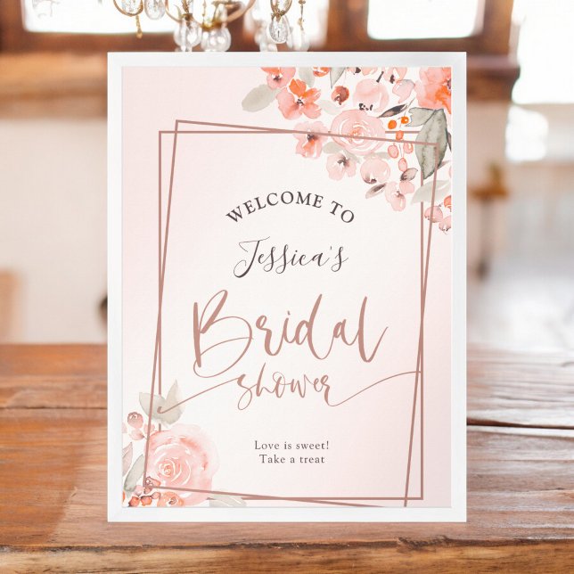 Peach blommigt ro guld välkomnar möhippa poster (Peach floral rose gold welcome bridal shower poster)