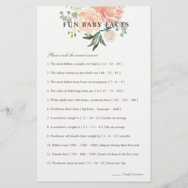 Peach  Blommigt Roligt Baby Facts Baby Shower Flygblad (Framsidan)