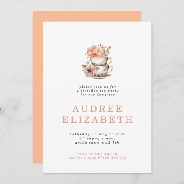 Peach Blommigt Tea Party Birthday Inbjudningar (Fram/baksida)