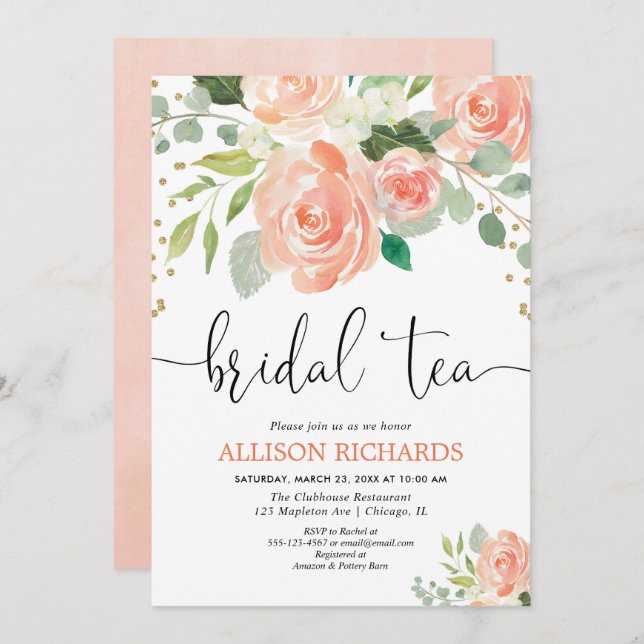 Peach blommigt tea party inbjudningskort för möhip (Fram/baksida)