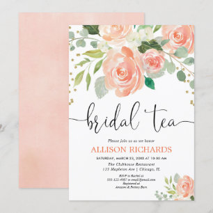 Peach blommigt tea party inbjudningskort för möhip