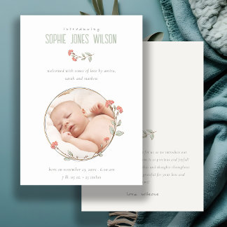 Peach Blommigt WANAN Photo Girl Birth Notice Tack Kort