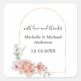 Peach Blommigt Watercolor Arch Wedding Favor Fyrkantigt Klistermärke