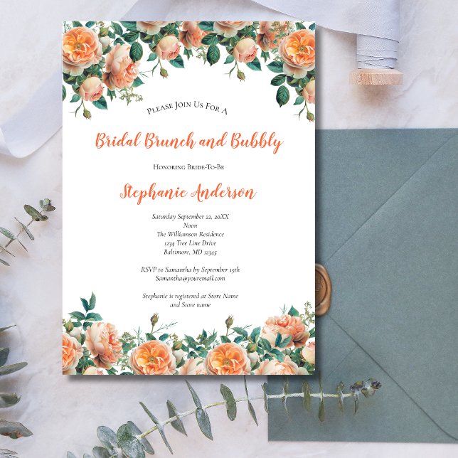 Peach Blommigt Watercolor Möhippa Brunch Inbjudningar (Peach Floral Greenery Watercolor Elegant Bridal Shower Brunch Bubbly Invitation. Printed or Download)