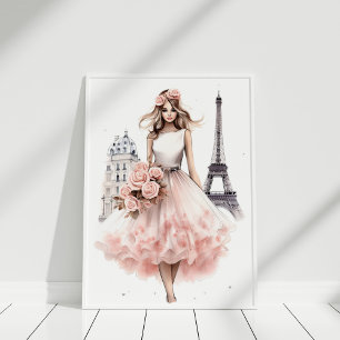 Peach-Blommigten Paris Mode Porträtt Poster