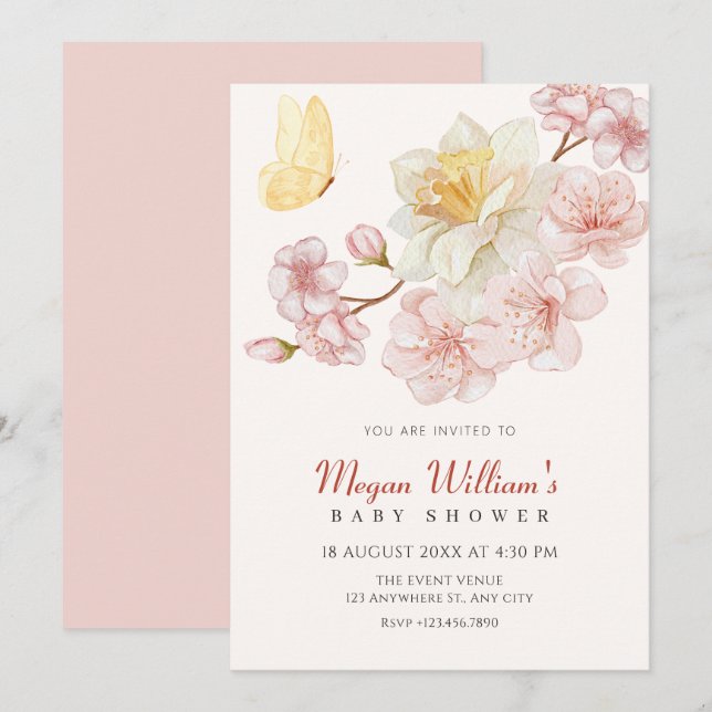 Peach-blommor, blommar babydusch inbjudningar (Fram/baksida)