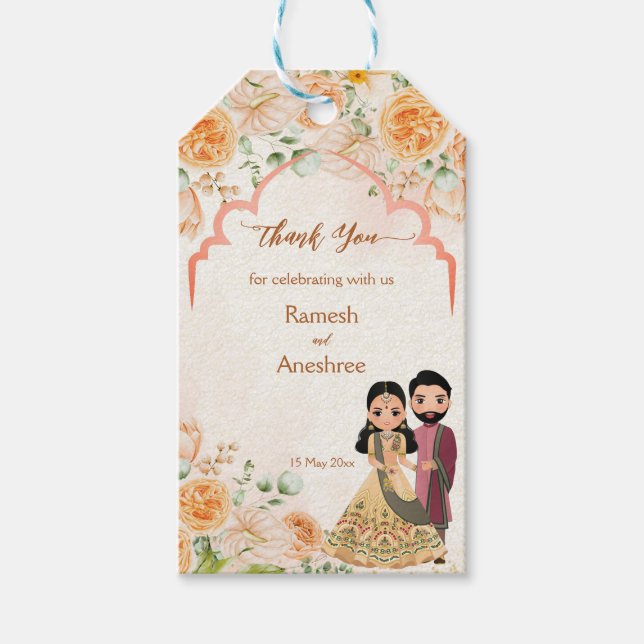 Peach-blommor söt indisk möhippa par anpassningsba presentetikett (Framsidan)