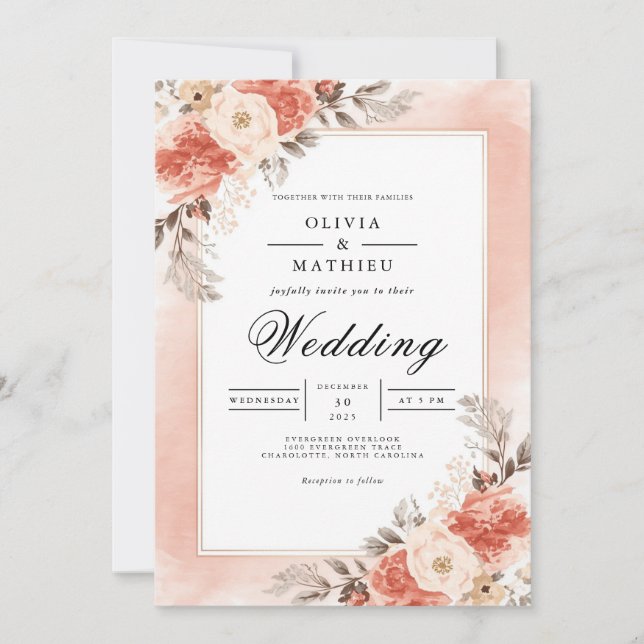 Peach Bloom Floral Arch Romance Wedding Inbjudningar (Framsida)