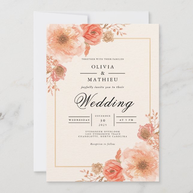 Peach Blossom Border Wedding Inbjudningar (Framsida)