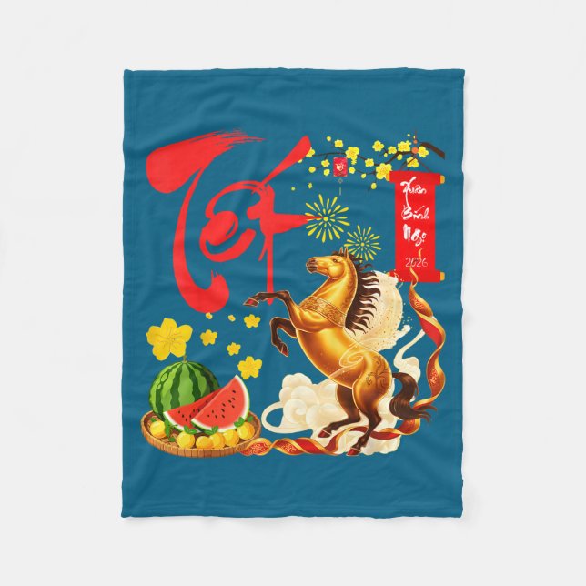 Peach Blossom Vietnamese Lunar New Year Horse 2026 Fleecefilt (Framsidan)