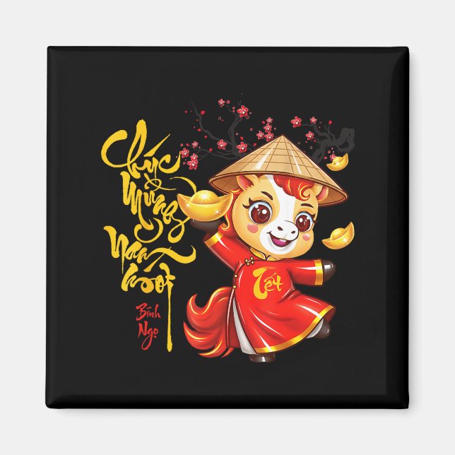 Peach Blossom Vietnamese Lunar New Year Horse 2026 Magnet (Framsidan)