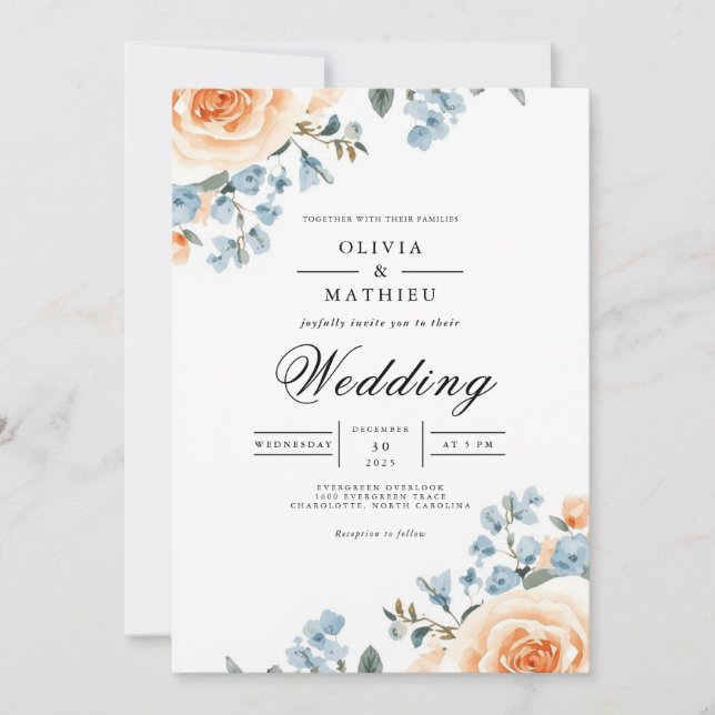 Peach Blue Botanical Flourish Wedding Inbjudningar (Framsida)
