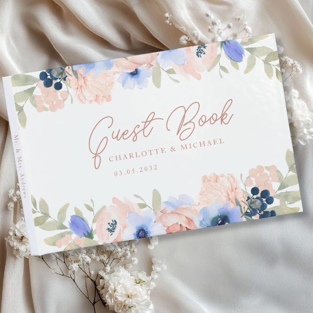 Peach Blue  Bröllop Gästböcker (Peach Blue Blush Wedding Guest Book with your name and date.)