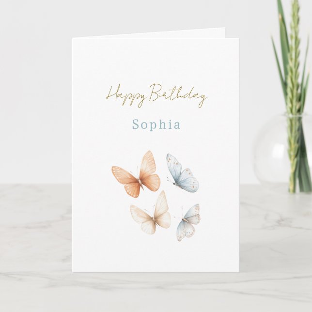 Peach Blue Butterflies Birthday Kort (Framsida)