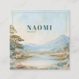 Peach Blue Landscape Gold Frame Watercolor Elegant Fyrkantigt Visitkort