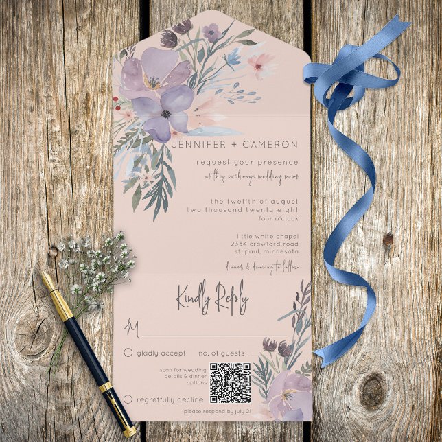 Peach Blue & Lila Boho Blommigt Peach QR-kod (Skapare uppladdad)