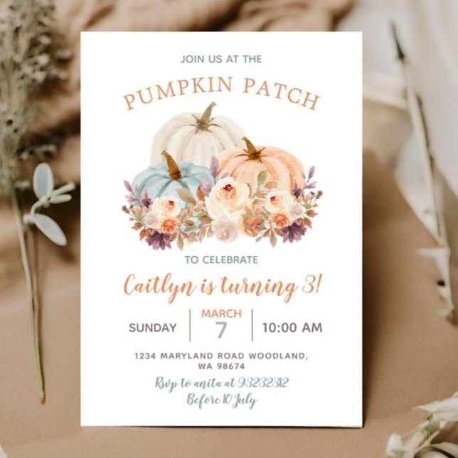 Peach & Blue Mint Pumpkin Patch 3:e födelsedagen Inbjudningar (Skapare uppladdad)