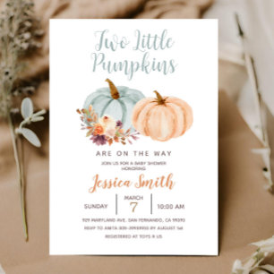 Peach & Blue Mint Två Små Pumpa Bebis Bjudning Inbjudningar