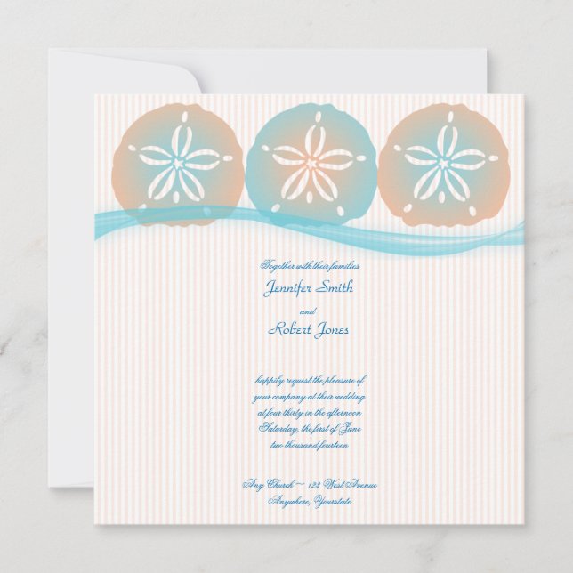 Peach Blue Sand Dollars Beach Wedding bjudande Inbjudningar (Framsida)