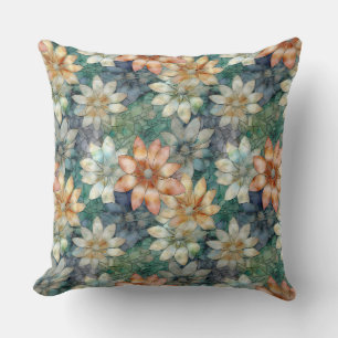 Peach Blue White Grönt Blommigt Kudde