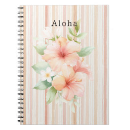 Peach Blush Cream Stripes Tropical Hibiscus Floral Anteckningsbok
