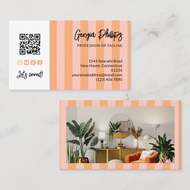 Peach Blush Stripes QR Code Photo Social Media Visitkort (Fram/baksida)