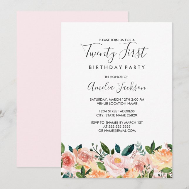 Peach Blush Watercolor Blommig 21-årsfest Inbjudningar (Fram/baksida)