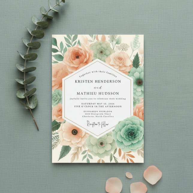 Peach Botanical Flourish Wedding Inbjudningar (Skapare uppladdad)