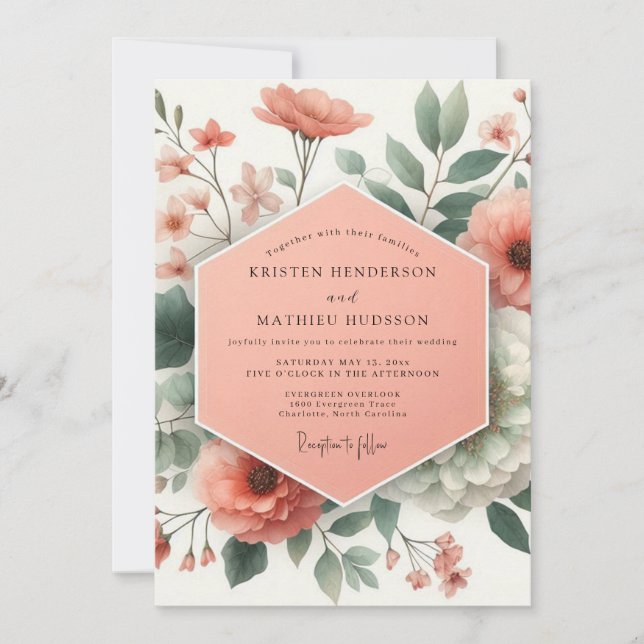 Peach Botanical Romance Wedding Inbjudningar (Framsida)