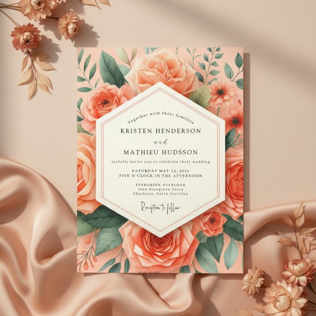 Peach Botanical Romantisk Bröllop Inbjudningar (Skapare uppladdad)