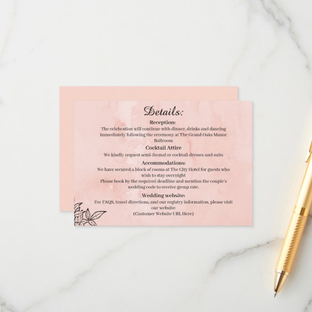  Peach Botanical Wedding Details Card Tilläggskort (Fram/Back In Situ)