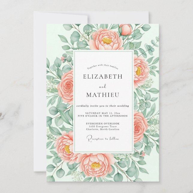 Peach Breathtaking Botanical Wedding Inbjudningar (Framsida)
